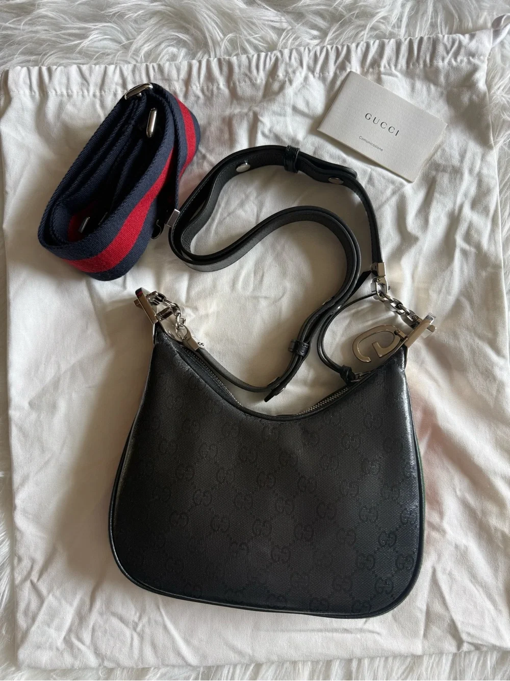 Gucci Black GG Monogram Crescent Shoulder Bag with Red-Blue Web Strap